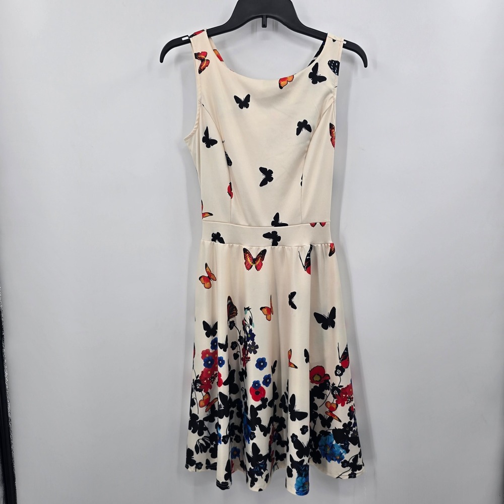 Butterfly Floral Print Fit and‎ Flare Dress Cream Sleeveless Medium